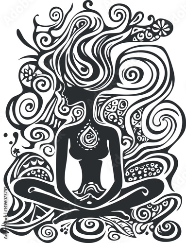 Abstract black and white silhouette of a meditating woman surrounded by swirling decorative patterns symbolizing mindfulness and spiritual flow