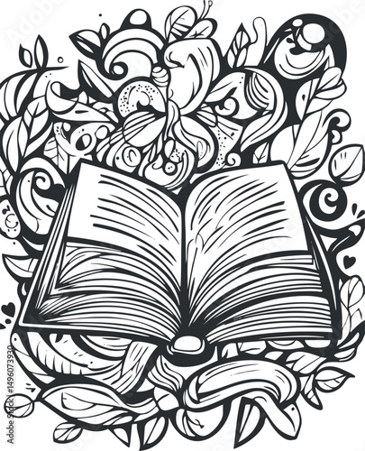Black and white artistic illustration of an open book surrounded by decorative floral and leaf patterns symbolizing knowledge and imagination