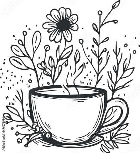 Black and white line drawing of a steaming cup surrounded by flowers and leafy branches