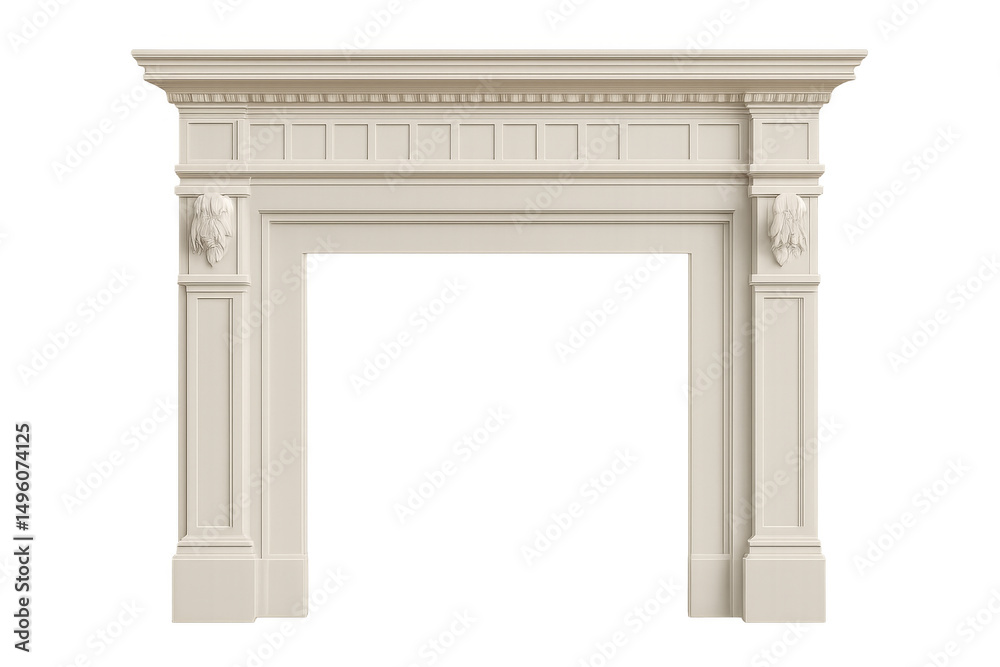 Fototapeta premium Elegant white fireplace mantelpiece with transparent background for interior design