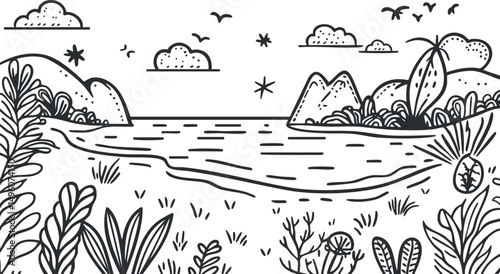 Hand drawn black and white landscape illustration featuring a coastal scene with hills plants birds and clouds
