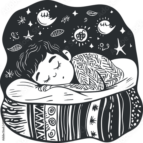 Black and white illustration of a child peacefully sleeping with dreamlike stars and moons around