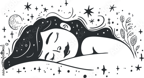 Black and white illustration of a peaceful woman sleeping surrounded by stars moon and nature elements symbolizing dream and relaxation