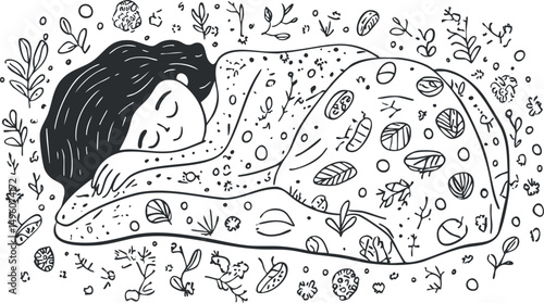 Black and white line art illustration of a woman peacefully sleeping surrounded by leaves and nature elements