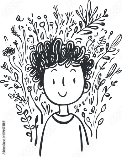 Black and white line drawing of a smiling young boy with curly hair surrounded by decorative plants and foliage