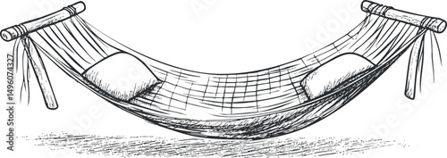 Black and white sketch of a hammock with two pillows tied between wooden supports for outdoor relaxation and rest.
