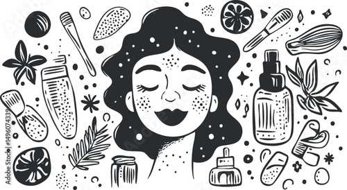 Black and white illustration of a woman surrounded by skincare products and natural elements for beauty and wellness