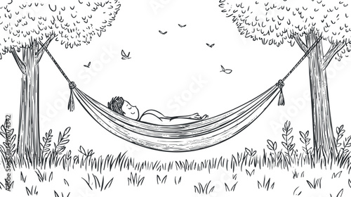 Man relaxing in a hammock tied between two trees outdoors surrounded by grass and butterflies
