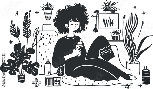 Black and white illustration of a woman relaxing at home surrounded by indoor plants and cozy decor