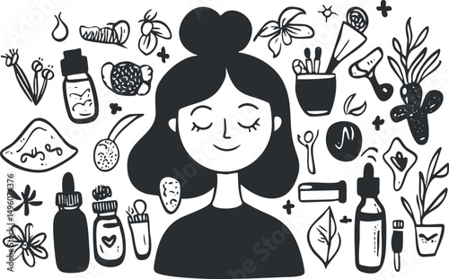 Black and white illustration of a woman surrounded by natural skincare and beauty products with plants and herbs