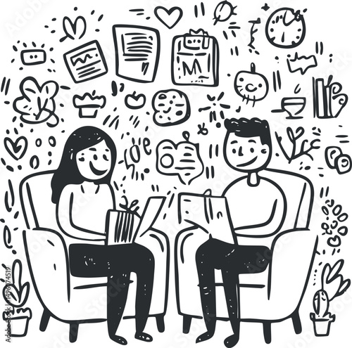 Black and white doodle illustration of a man and woman sitting in armchairs reading books and enjoying leisure time indoors