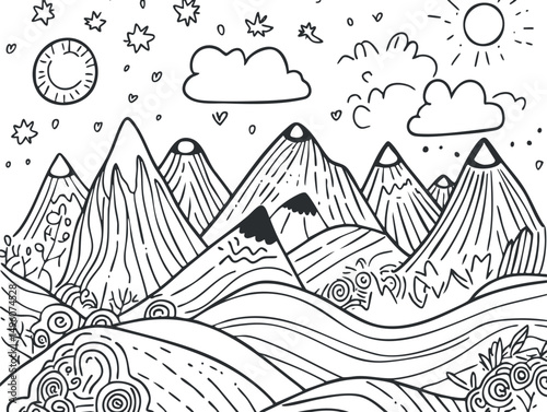 Black and white line art illustration of a mountain landscape with sun, clouds, hills, and foliage in a natural outdoor setting.