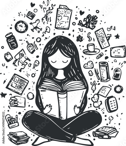 Black and white illustration of a girl sitting cross-legged reading a book surrounded by doodles of books and study items