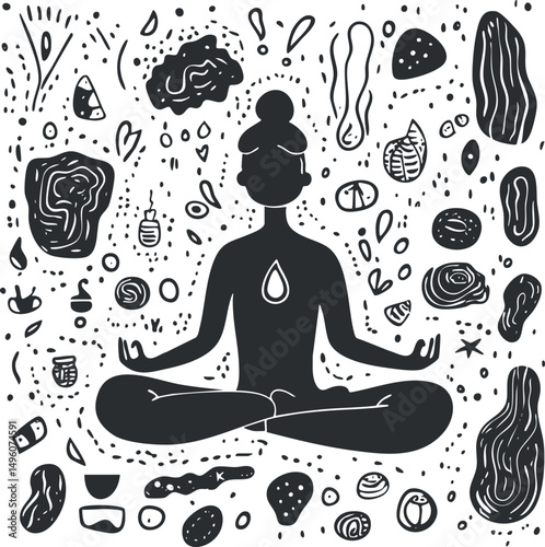 Silhouette of a person sitting cross-legged in meditation surrounded by abstract organic shapes symbolizing mindfulness and energy.