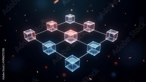 Floating Crystal Cubes Connected by Glowing Transparent Lines in Void-Like Black Space