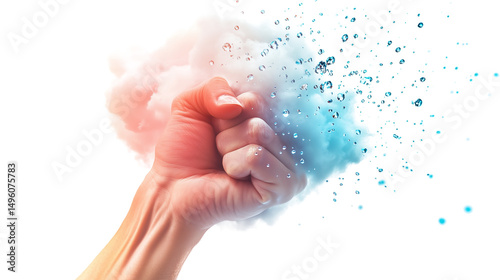 Human Fist Punching and Exploding Into Colorful Powder on White Background