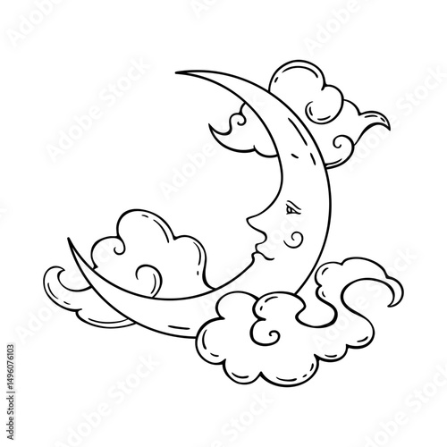 Crescent moon with a face surrounded by decorative clouds. Hand-drawn vintage line art style. Ideal for tattoo designs, mystical-themed prints, posters, coloring books, and celestial illustrations.