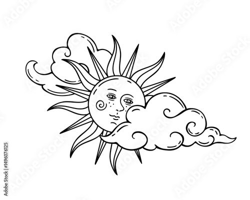 Smiling sun with a face surrounded by decorative clouds. Hand-drawn vintage line art style. Ideal for tattoo designs, mystical-themed prints, posters, coloring books, and celestial illustrations.