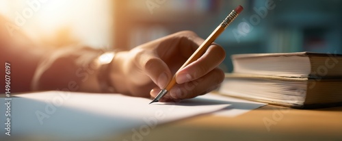 The hand writing thoughtfully with a pencil on a blank page. photo