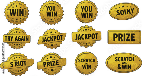 Scratch lottery card shapes set - You Win brush lettering smudged strokes. Hatching chalk shading doodle vector stickers