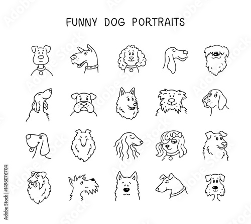 Funny dogs in doodle style. Set of cute puppy faces in a simple black outline on white. Hand-drawn vector illustration. Great for kids’ designs, pet-themed prints, stickers, and greeting cards.