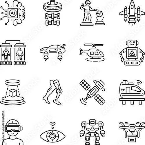 Collection of Linear Style Futuristic Art Icons 