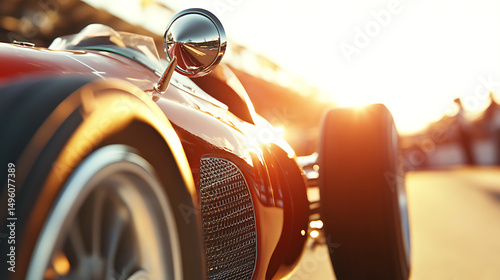 Vintage Race Car: Gleaming paint and chrome catch the sunlight as a vintage race car stands ready for action, evoking a sense of speed and timeless design. photo