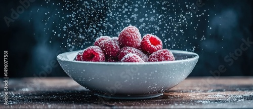 A white bowl filled with raspberries, dusted with powdered sugar, sits on a wooden table. photo