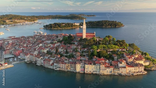 Wallpaper Mural Aerial view of stunning coastline of Rovinj during golden hour. Sunset view of the Rovinj old town, famous ancient Croatian city at the Adriatic sea, Istria peninsula, Croatia Torontodigital.ca