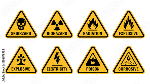Eight yellow triangular hazard warning signs isolated on transparent background