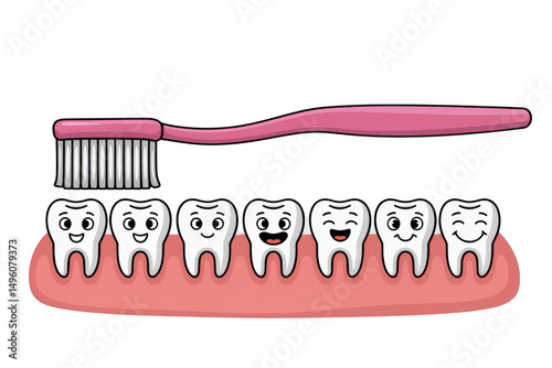 Happy cartoon teeth with pink toothbrush isolated on transparent background