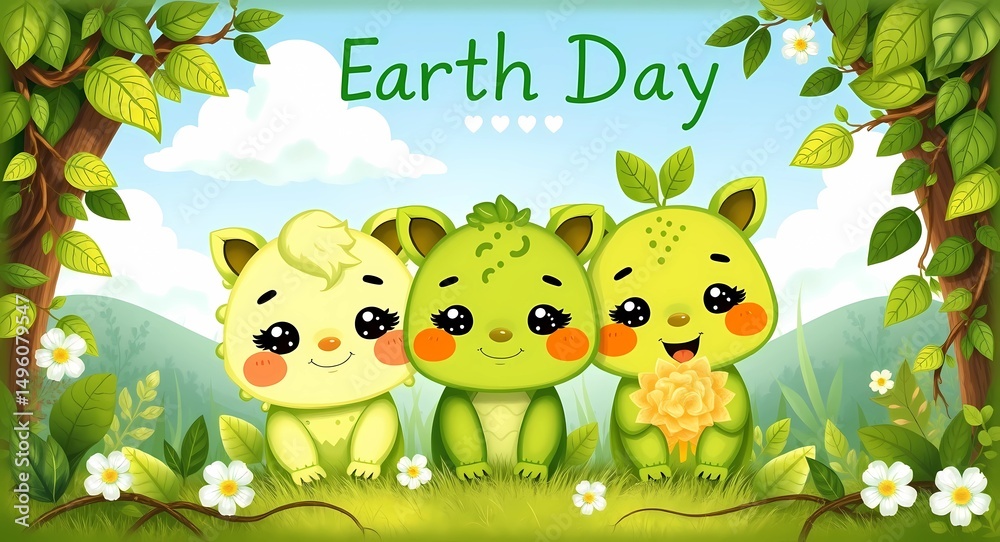 Naklejka premium Earth day cute animals cartoon illustration for kids and children's educational art