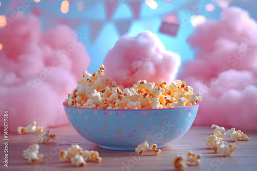 A bowl of popcorn and cotton candy on a table, perfect for a party or snack photo