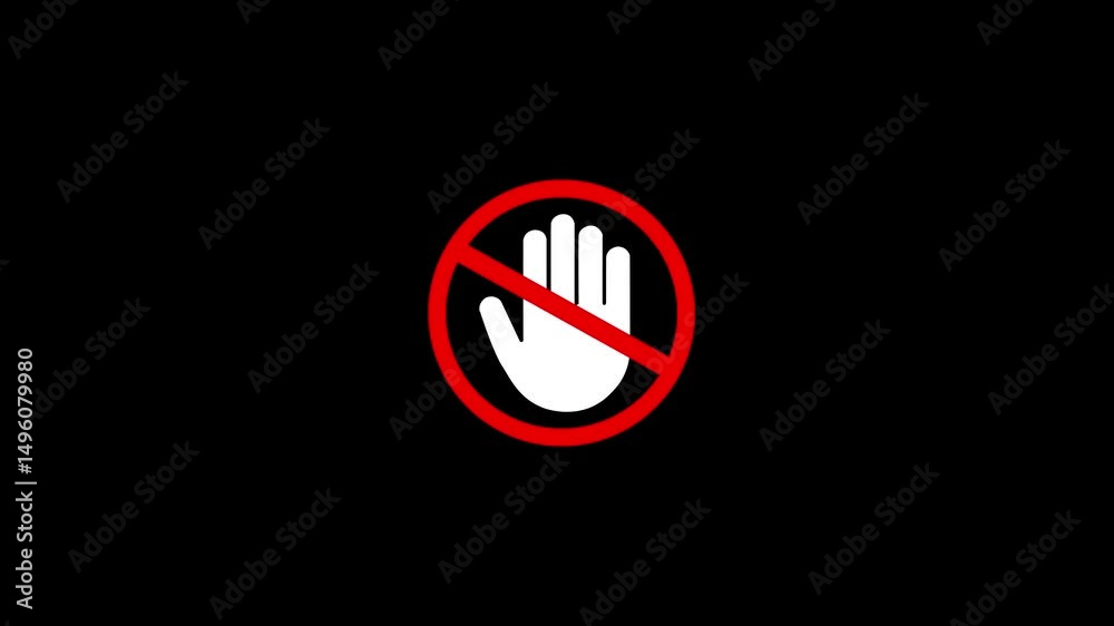 Stop sign. No entry. Black arm in a red crossed circle. Stop hand symbol for prohibited activities.