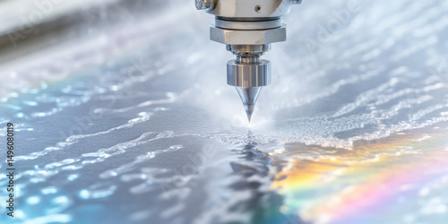 A jet of water is cutting through material with precision, creating a spray of water droplets. Industrial machinery and engineering technique