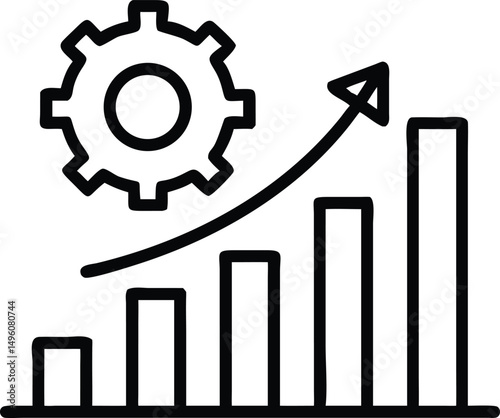 Black Line Icon Of Bar Chart With Gear And Upward