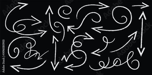 Chalkboard arrow doodles pack - white chalk hand drawn swirls, chaotic curves, artistic pointers. Grunge pencil sketches, crayon scribbles design elements set. Marker outlines on black background.