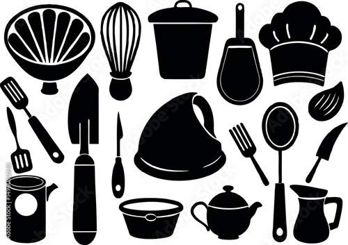 Resturant item set of kitchen accessories chafe icon silhouette 