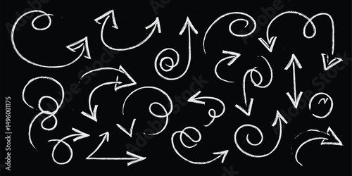 Chalkboard arrow doodles pack - white chalk hand drawn swirls, chaotic curves, artistic pointers. Grunge pencil sketches, crayon scribbles design elements set. Marker outlines on black background.
