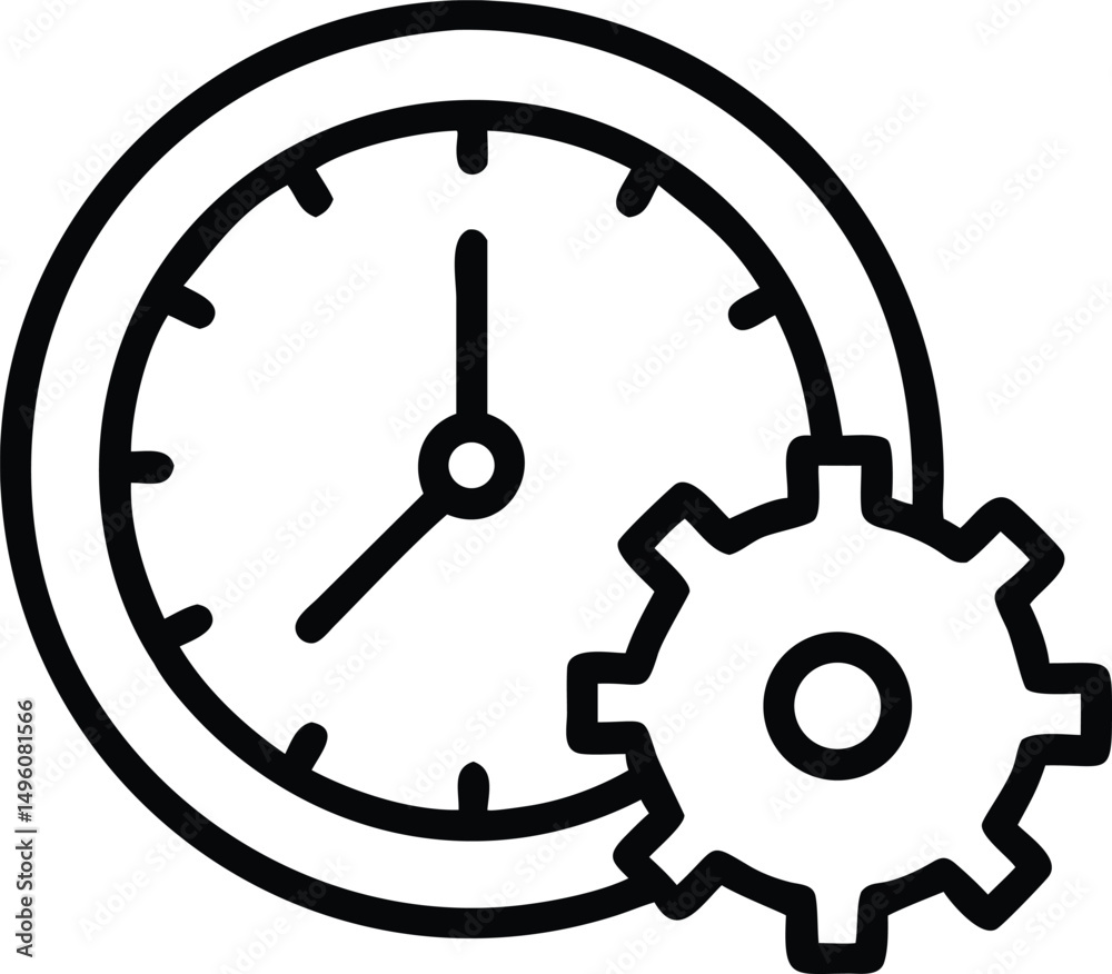 Black Line Icon Of Clock With Gear Time Managemen Black Line Icon Of Clock With Gear Time Managemen