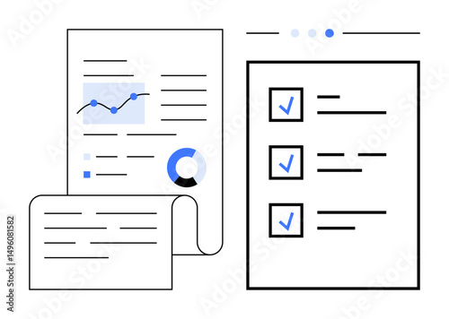 Analytical documents with graphs, charts, and checklist. Ideal for data presentation, performance review, task management, productivity, report creation, documentation simple landing page