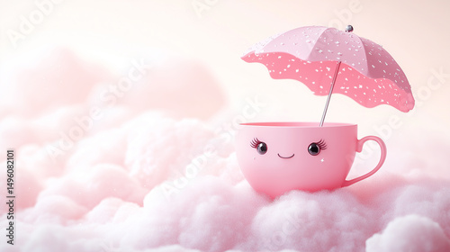 Pink Cup with Umbrella on Pink Cotton Background, Cute and Cozy Concept