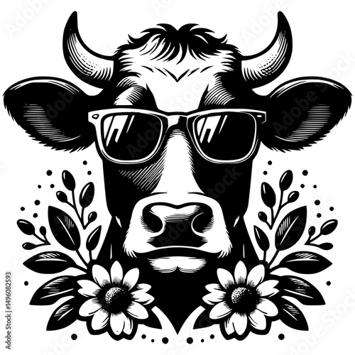 A whimsical illustration features a cow wearing sunglasses and surrounded by flowers and leaves, exuding a vibe of coolness and charm. 
