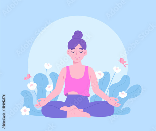 Peaceful woman meditating among of nature flowers and butterflies. Yoga meditation for mental health. Concept of relaxation, health care, spiritual and soul healing. Flat vector illustration.