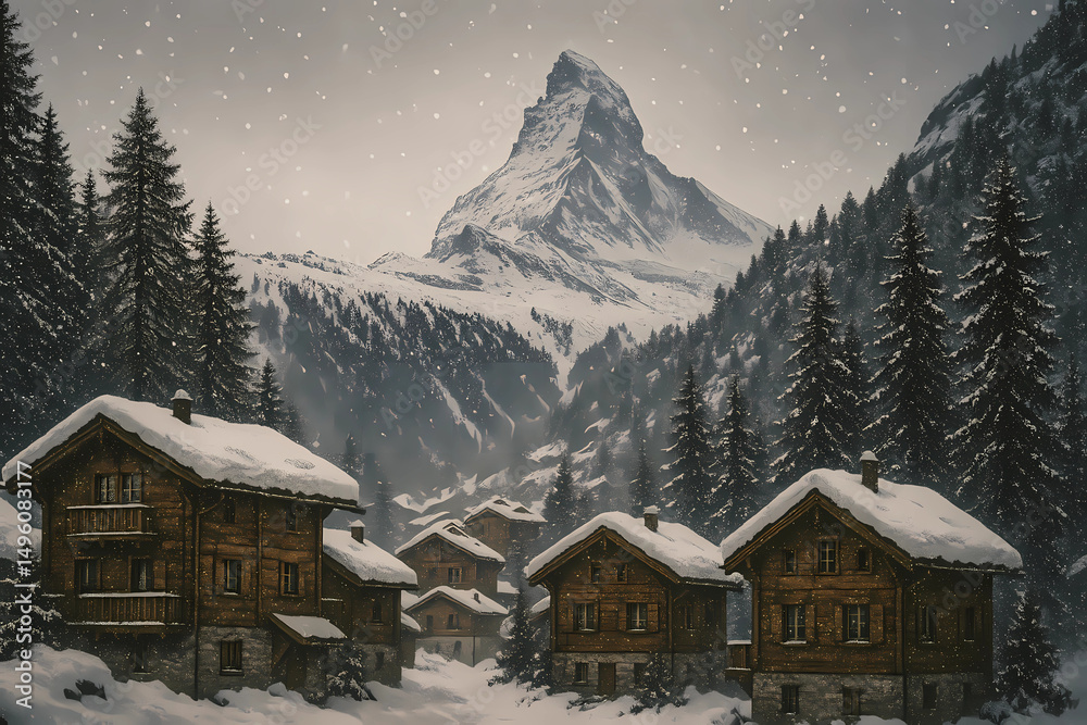 Fototapeta premium Snowy mountain range with a village in the valley below