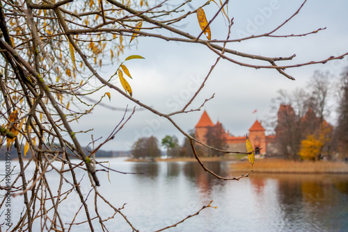 Trakai castle on lake Galve in autumn, Lithuania