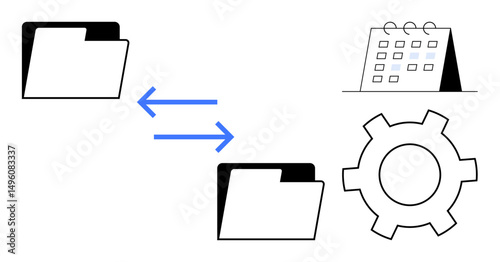 Folders exchange files via arrows linked to a gear and calendar, representing collaboration, task automation, time management. Ideal for workflow design, resource sharing, productivity, business