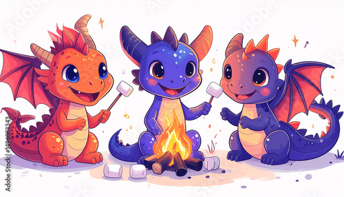 Three adorable, cartoon dragons of red, blue, and purple hues roast marshmallows around a cheerful campfire.  Sparkles add magical charm