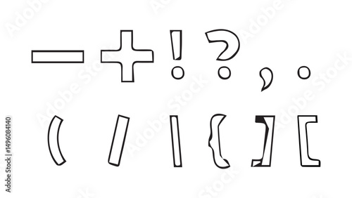 Set of mathematical signs for solving examples in mathematics, set of punctuation marks drawn by hand in ink, sloppy signs question and exclamation marks, brackets, period, comma, plus and minus
