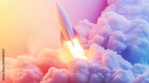 Rocket Launching Through Colorful Clouds at Sunset, Dramatic Space Scene